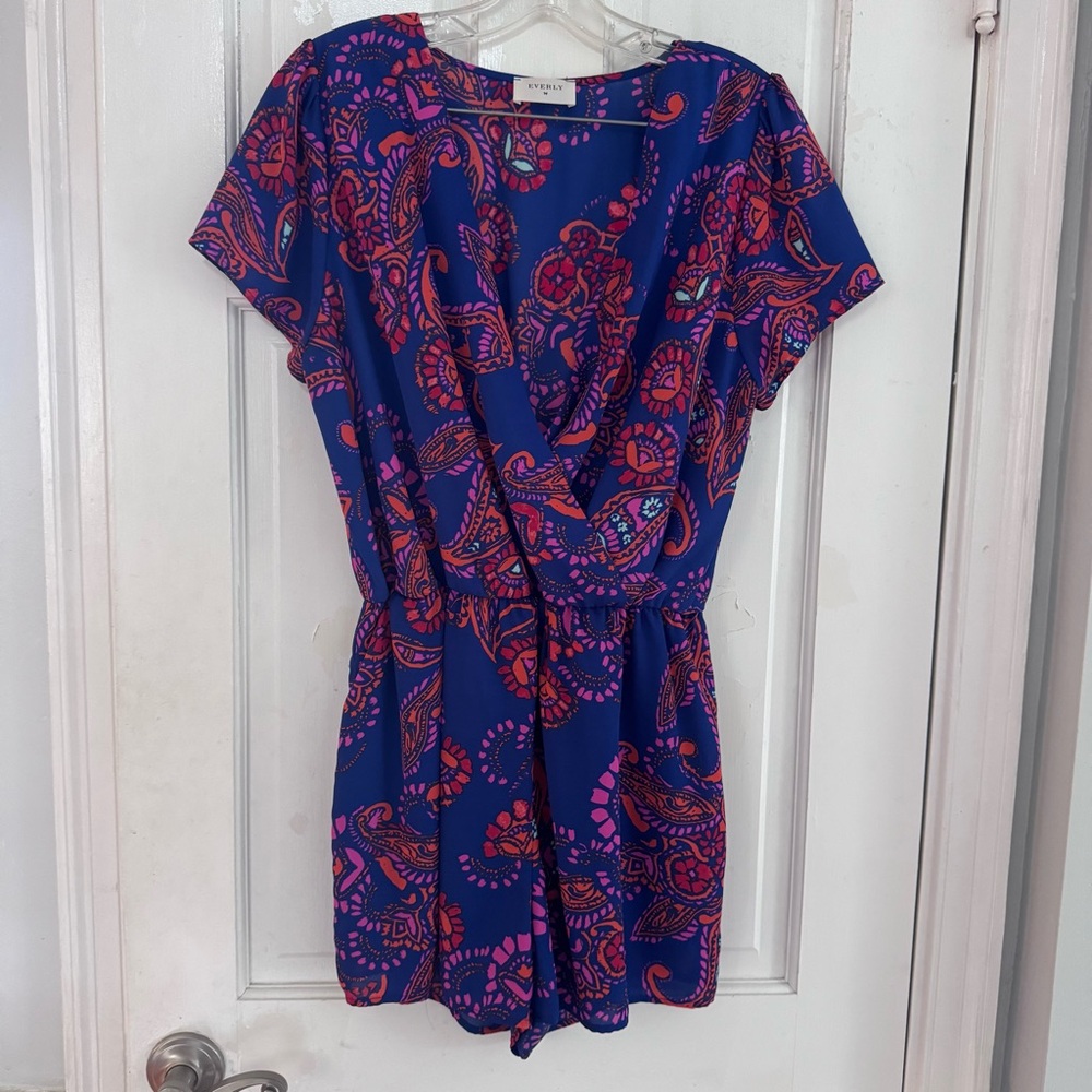 Everly Royal Blue Paisley Romper with Pink & Orange Accents